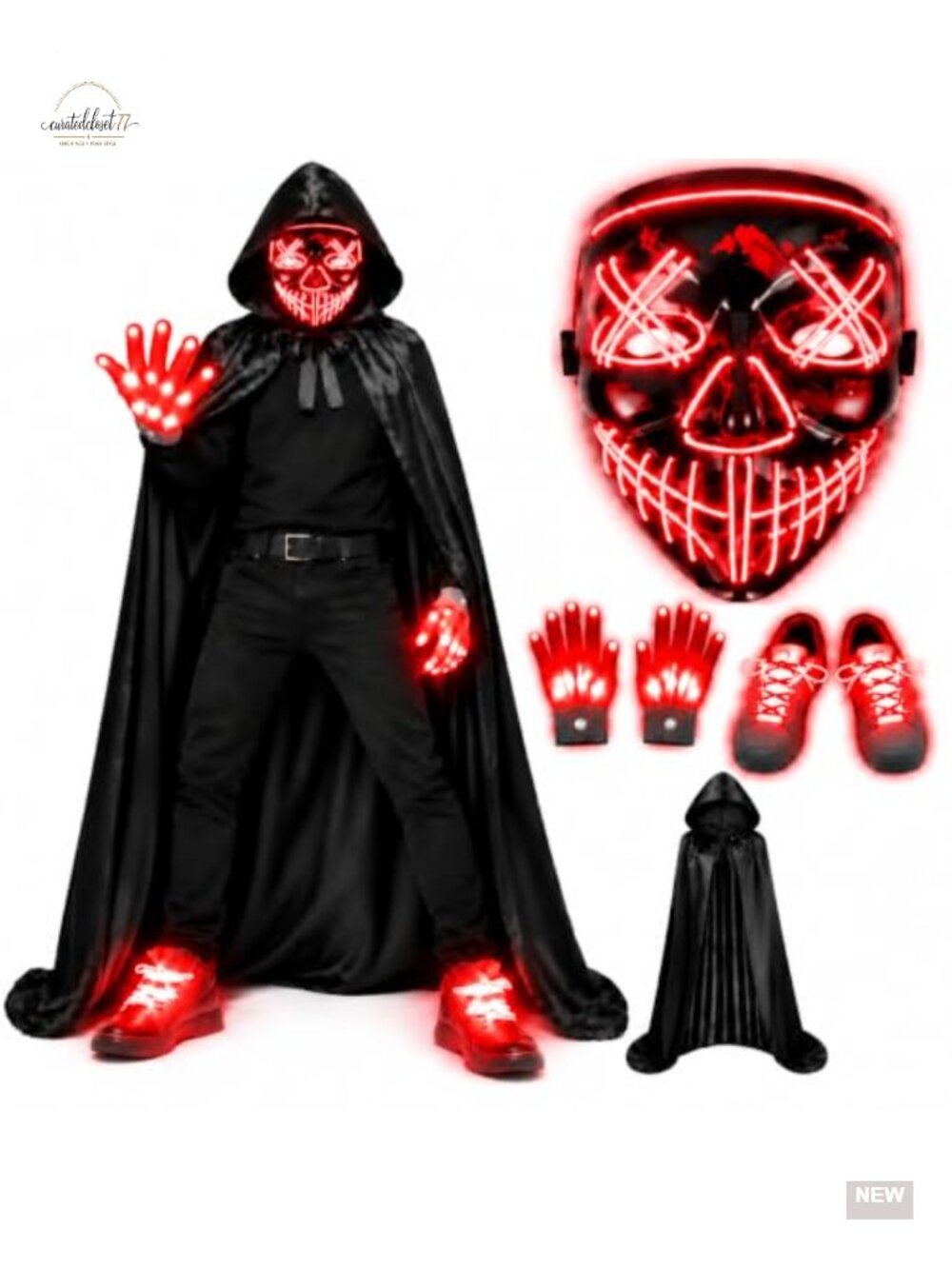 Halloween LED Mask Set Skeleton Costume with Hooded Cloak Gloves Shoelaces